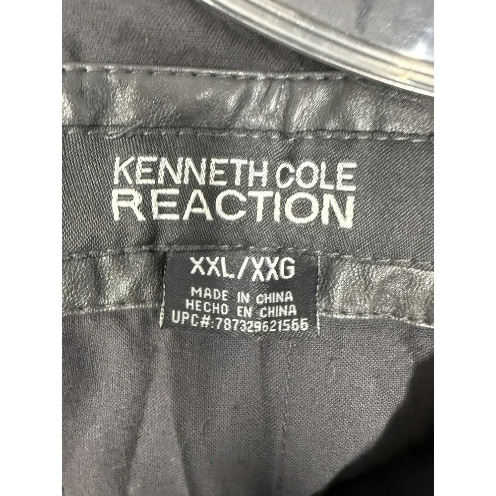 Kenneth Cole Reaction Jacket Mens 2XL Black Faux Leather Hooded Moto Zip‎ Bomber